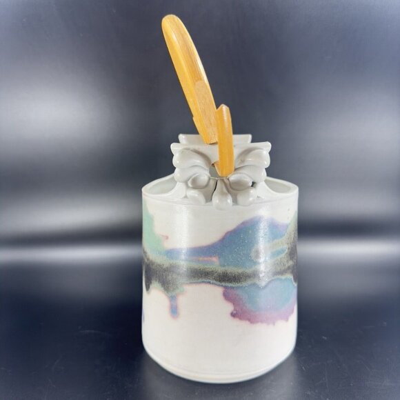 Studio Art Pottery Basket Vase With Wood Handle Artist Signed Ceramic Vintage - Picture 10 of 16